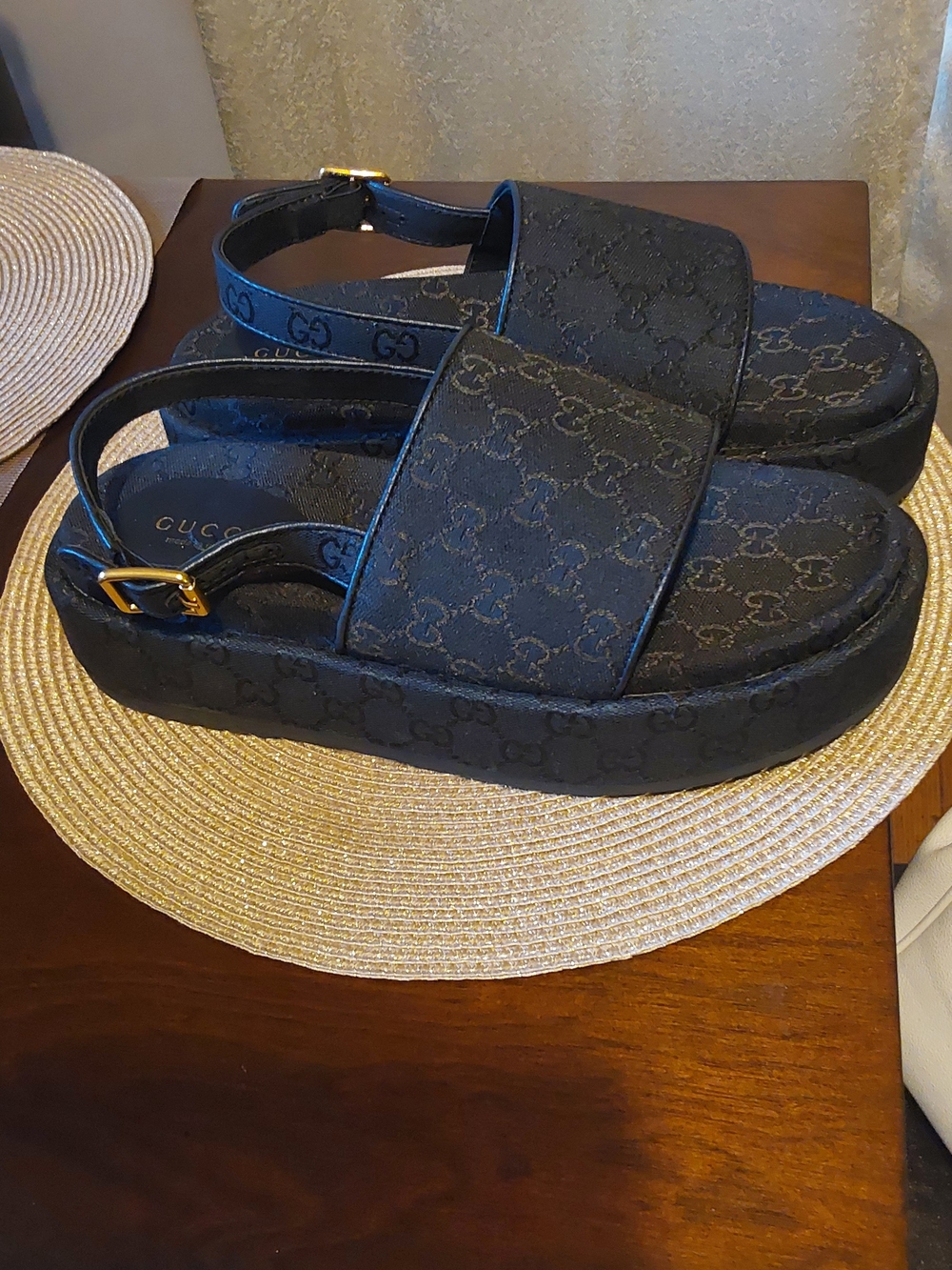 Gucci Black GG Canvas Platform Slingback Sandals with Gold Buckle